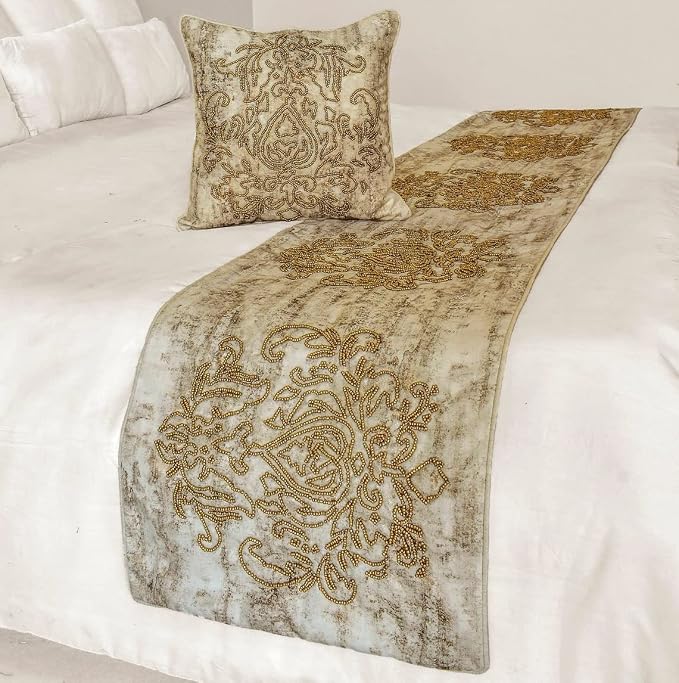 The HomeCentric King/Queen/Twin Ivory & Gold Designer CA King 86"x18" Bed - Image 5