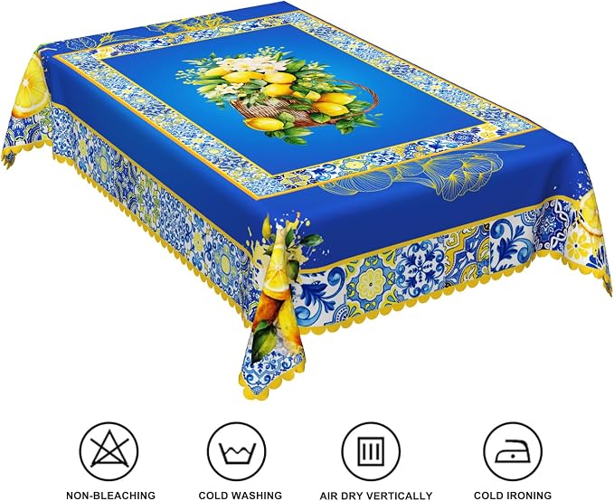 54x108inches Blue and Yellow Rectangle Tablecloth Summer Fruit Lemon Boho - Image 6