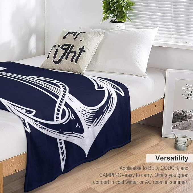 Anchor Blanket Retro Abstract Nautical Navy Blue White Soft Cozy Lightweight - Image 3