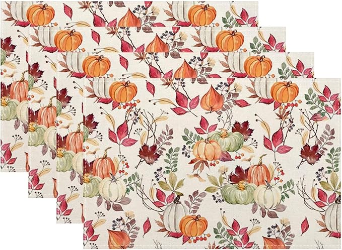 Fall Placemats Set of 4, Pumpkin Maple Leaf Flower Decorative Table Mat 12 x 18 by Sunshineyan