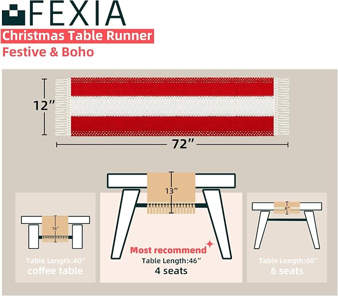FEXIA Boho Red Table Runner for Holiday Decoration 72 Inches Long Red & Cream - Image 2