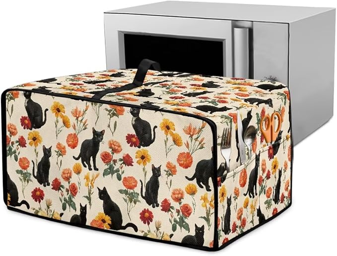 Black Cat Rose Daisy Floral Print Microwave Oven Cover by HwzdsyxlCreativeHomeDecor