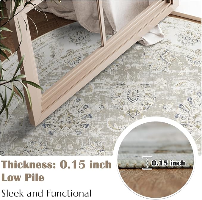 jinchan Round Rug 5ft Area Rugs Vintage Floral Distressed Design - Image 5