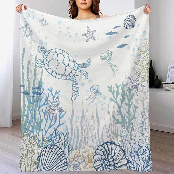 Nautical Turtle Throw Blanket, Coastal Sea Ocean Theme Coral Starfish Seashell - Image 8