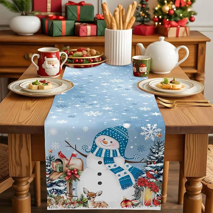 Blue Snowman Christmas Table Runner, 16x72 Inch, Xmas Tree Table Runners Elk - Image 4