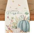 Artoid Mode Aqua Hello Pumpkin Leaves Fall Table Runner, Seasonal Autumn by ArtoidMode