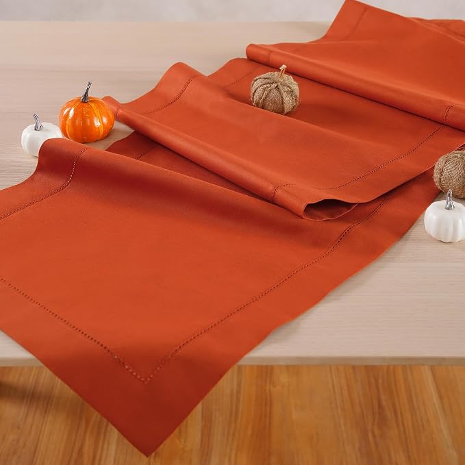 Home Ekaa Pumpkin Table Runner 120 Inch–Cotton Linen Hemstitch Farmhouse Table - Image 2