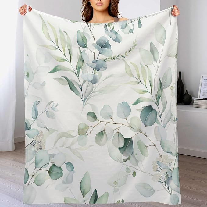 Eucalyptus Leaf Throw Blanket, Watercolor Floral Spring Botanical Green Plants - Image 8