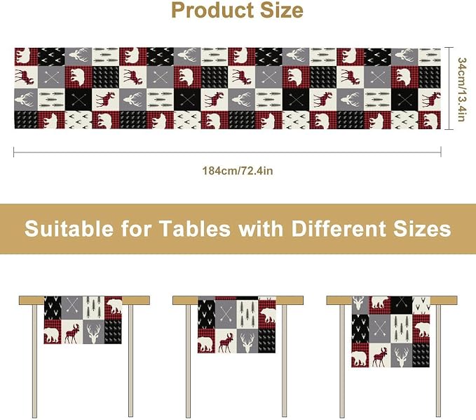 Farmhouse Bear Deer Table Runner, Retro Rustic Village Buffalo Plaid Table - Image 7