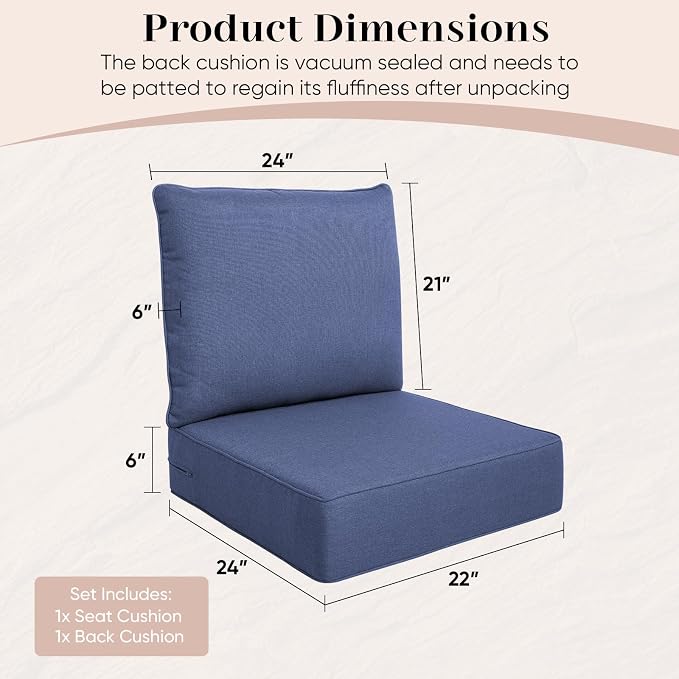 Luxury Outdoor Seat Cushion Set-22 x 24 x 6 Inch Outdoor Chair Cushions - Image 2