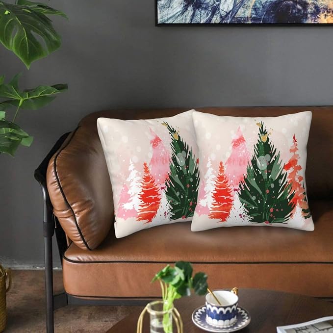 bassyil Christmas Tree Watercolor Throw Pillow Covers Decorative Linen Pillow - Image 5