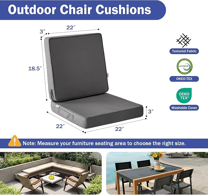 Outdoor Chair Cushions, Waterproof Patio Chair Cushions 22x22x3 Inch, Outdoor - Image 2