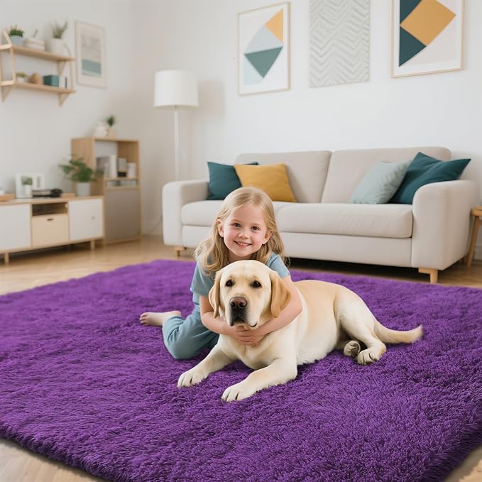 Purple Fluffy Rug Shaggy Area Rug, 8x10 Area Rugs - Image 5