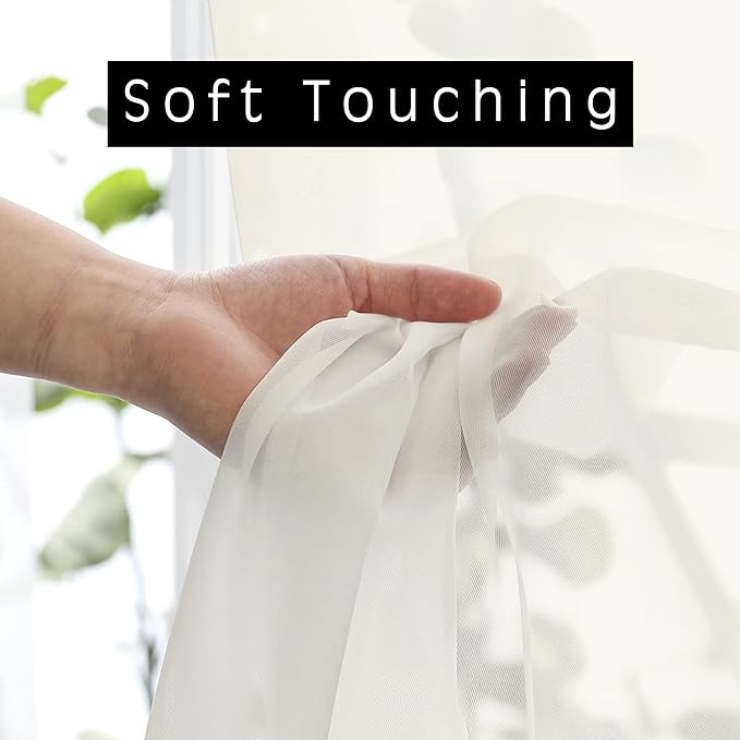 OVZME Sheer Curtains Ivory 45 inches Long Kitchen Curtains, Rod Pocket Clean - Image 2