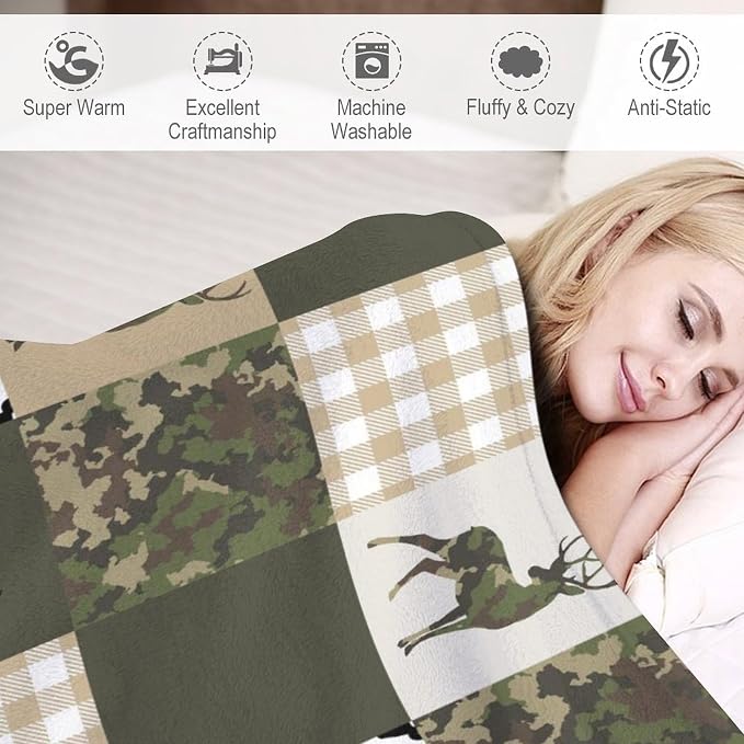 Camouflage Deer Blanket, Vintage Camo Green Beige Plaid Rustic Cabin Wildlife - Image 4