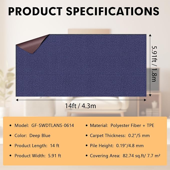 Marine Carpet, 6 FT x 14 FT Deep Blue Indoor Outdoor Carpet 0.2" Thick Boat - Image 2