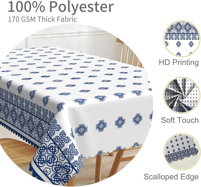 70x108inches Blue Medallion Print Tablecloth Mykonos Blue Mediterranean Tile - Image 3