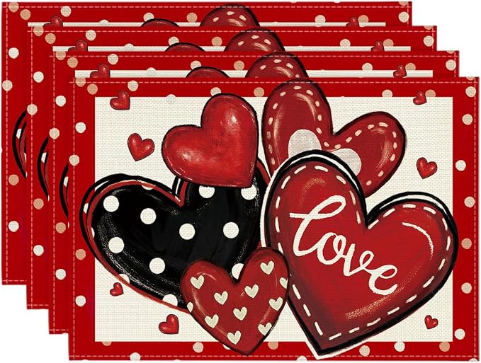 Artoid Mode Red Dot Heart Love Valentine Placemats Set of 4, 12x18 Inch Wedding by ArtoidMode