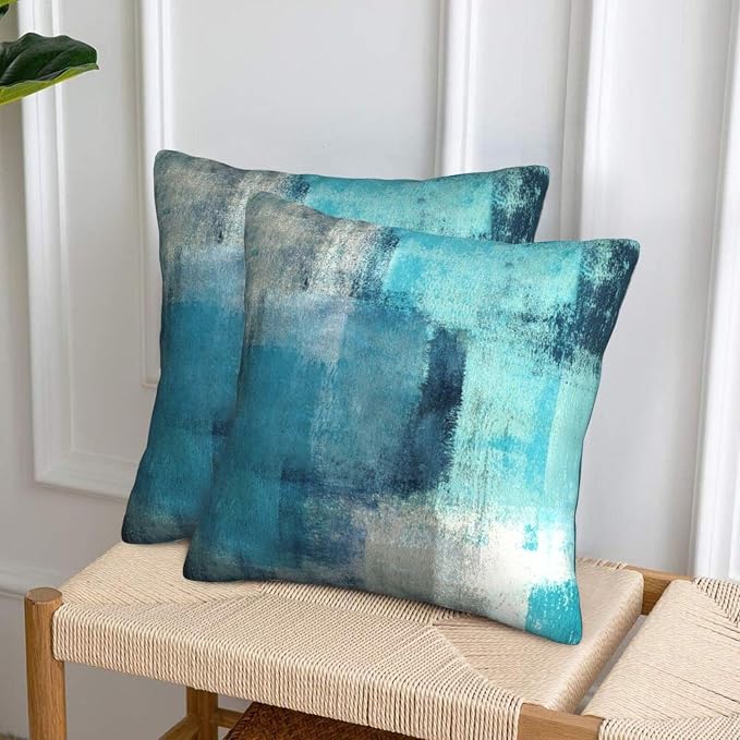 bassyil Teal Grey Abstract Art Painting Throw Pillow Covers Decorative Linen - Image 7
