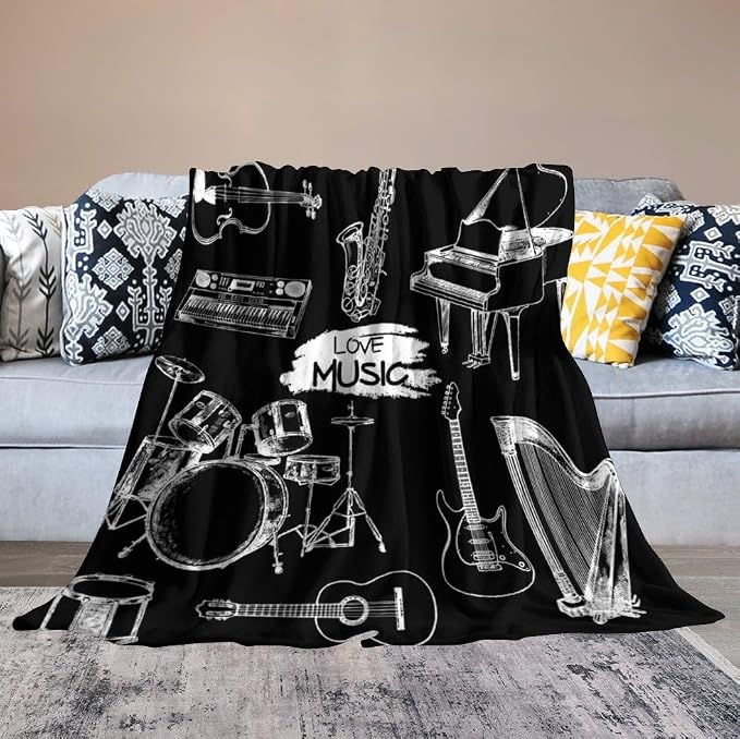 Music Blanket Drums Piano Guitar Black White Abstract Art Printed Soft Cozy - Image 4