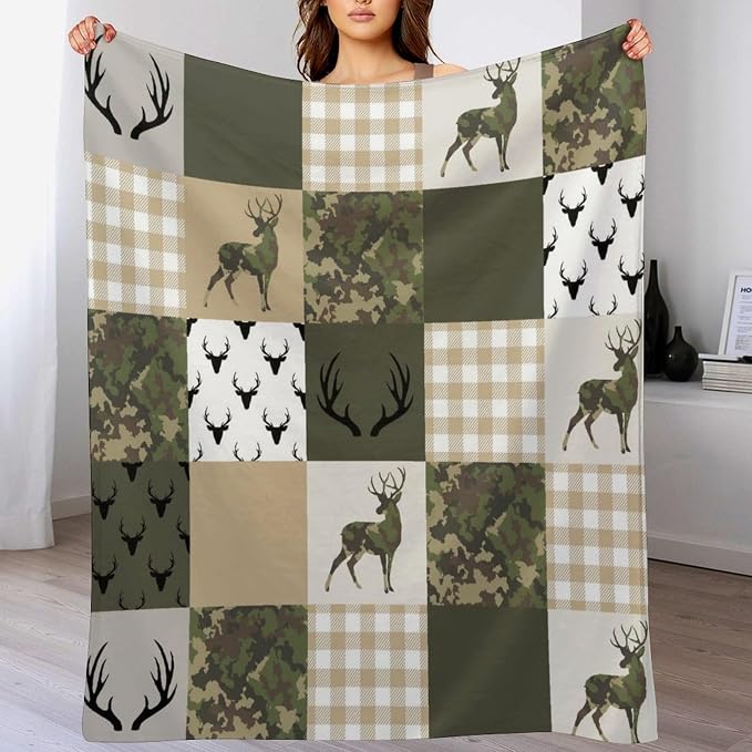 Camouflage Deer Blanket, Vintage Camo Green Beige Plaid Rustic Cabin Wildlife - Image 8