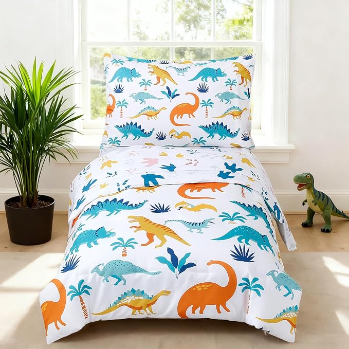 PERFEMET 4 Pieces Toddler Bedding Set Cartoon Dinosaur Print Comforter Sheet Set - Image 2