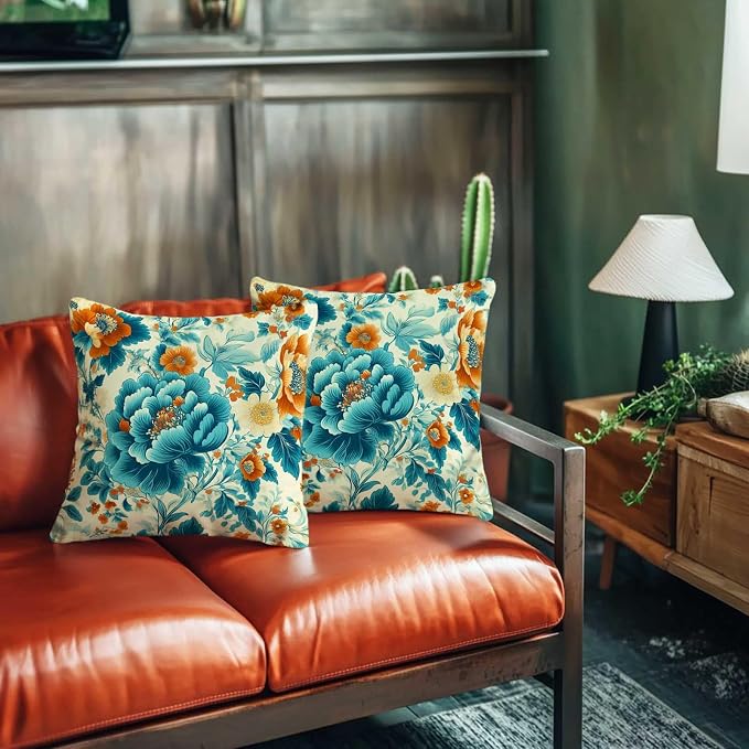 Turquoise Floral Throw Pillow Covers Set of 2 | Teal Vintage Flower Pillow Cases - Image 6