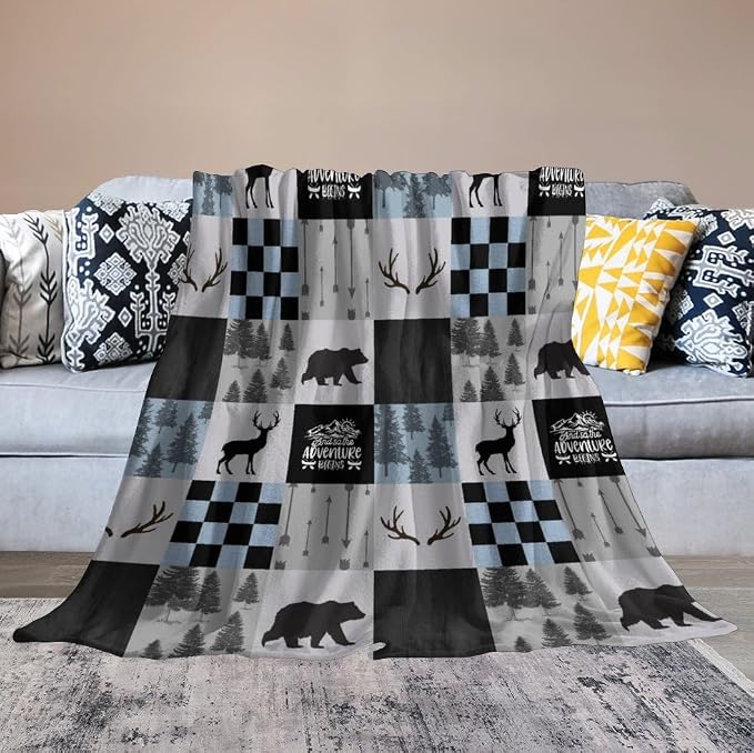 Bear Cabin Plaid Blanket, Rustic Retro Bear Deer Patchwork Gray Blue Farmhouse - Image 6