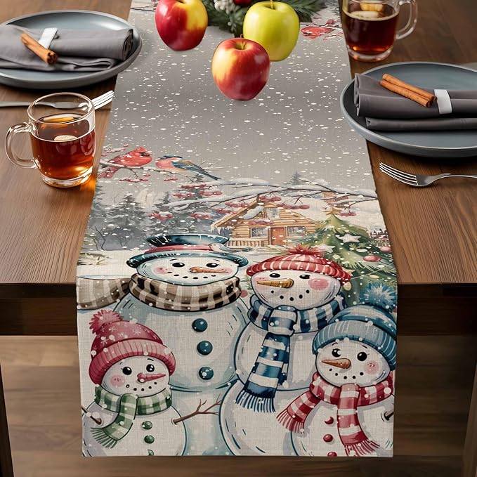 Christmas Table Runner, 16x72 Inch, Snowman Family Table Runners Pine Tree Snow - Image 9