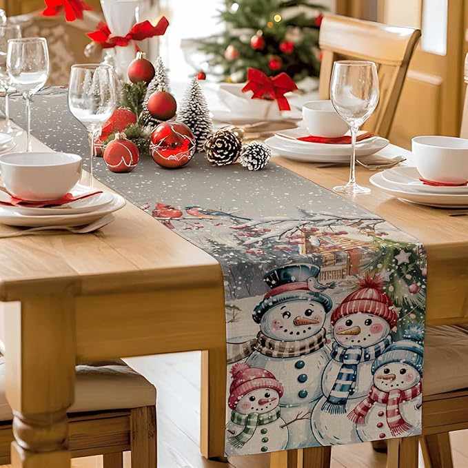 Christmas Table Runner, 13x120 Inch, Snowman Family Table Runners Pine Tree - Image 7