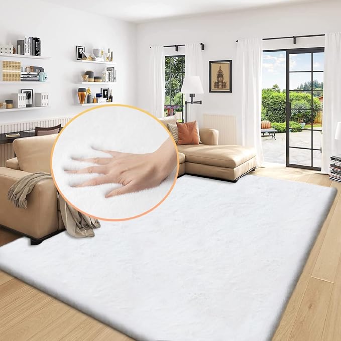 White Fluffy Living Room Rugs 6x9 Area Rug Washable Shag Rugs by ORINOVA