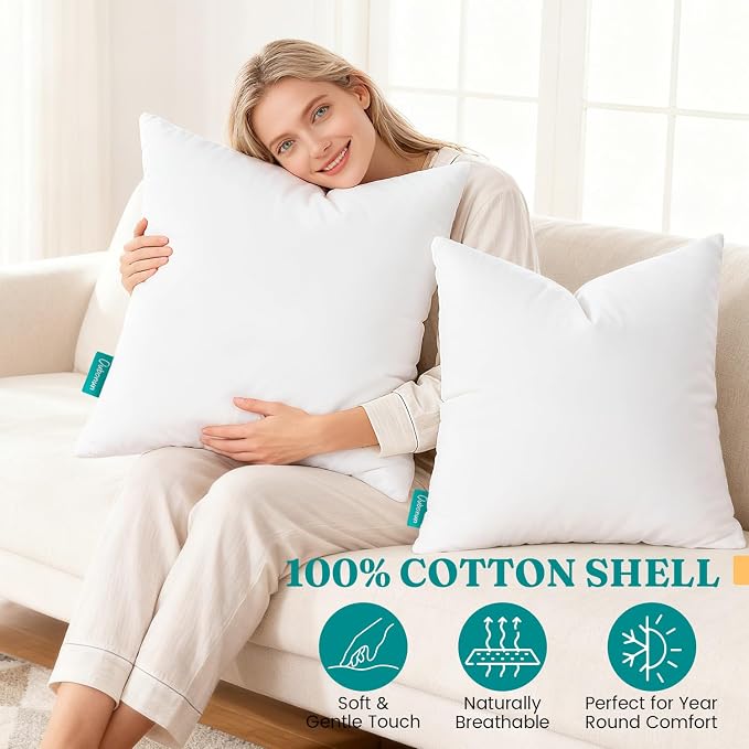 Oubonun 16x16 Feather Down Alternative Throw Pillow Inserts, 100% Cotton Cover - Image 2