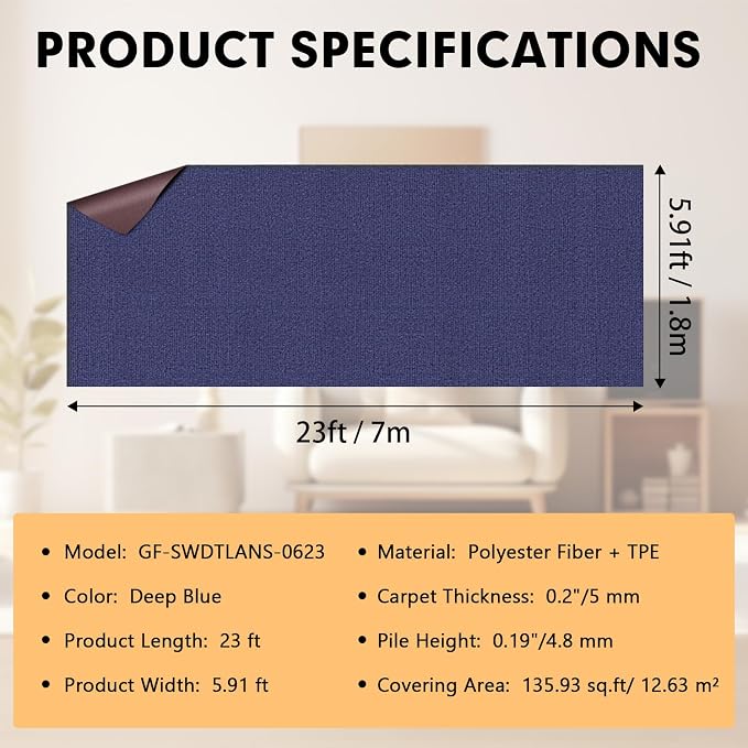 Marine Carpet, 6 FT x 23 FT Deep Blue Indoor Outdoor Carpet 0.2" Thick Boat - Image 2