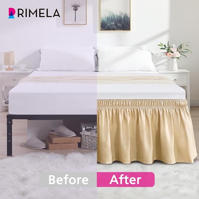 RIMELA Beige Bed Skirt Queen Size 15 Inch Drop, Wrap Around Elastic Bedskirt - Image 6