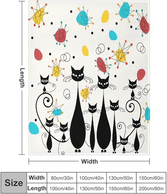 Mid Century Modern Throw Blanket, Atomic Black Cat Starbursts Iconic Sputnik - Image 2