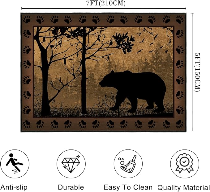 Rustic Area Rug 5x7, Bear Country Cabin Wildlife, Ultra-Thin Washable Throw - Image 2