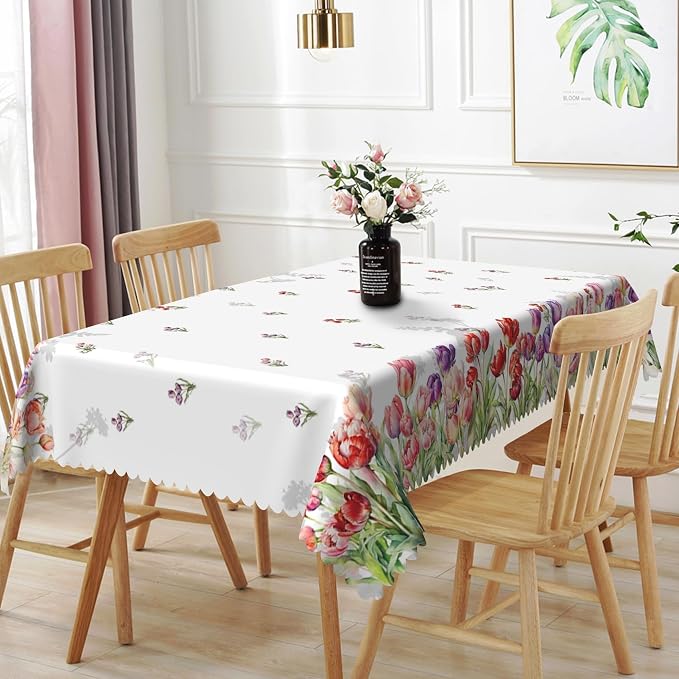 70x120inches Floral Tablecloth Red Purple Tulip Flowers Blooming Rectangle by TTQYFNM