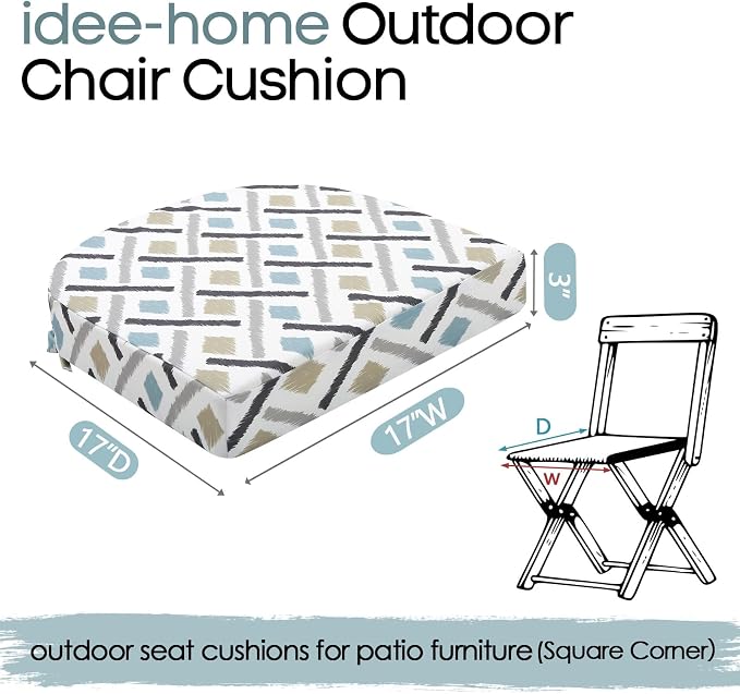 idee-home Outdoor Chair Cushions Set of 2, Thick 17" x 17" x 3" Outdoor Seat - Image 8