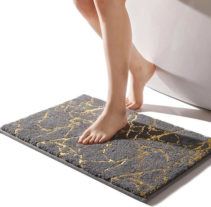 QJHOMO Marble Bathroom Rug Gray and Gold Decor Bathroom Rugs Non Slip Bath Mat by QJHOMO