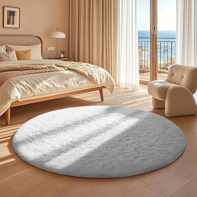Ophanie Round Rug 4Ft White Circle Area Rug, Aesthetic Room Decor, Fluffy Fuzzy - Image 5