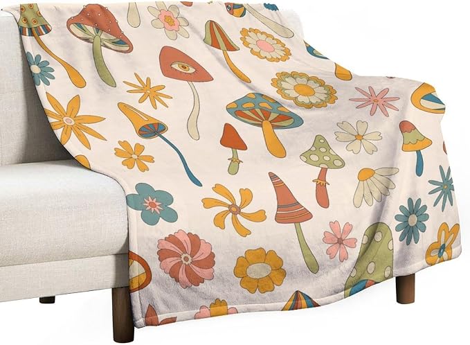 70s Mushroom Throw Blanket, Retro 60s Groovy Mushroom Boho Hippie Flowers Print by JanJCurt