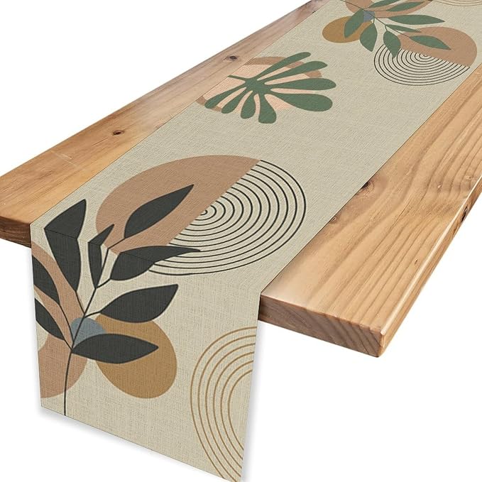 Boho Mid Century Leaves Table Runner, Modern Sun Moon Tropical Plants Leaf - Image 4
