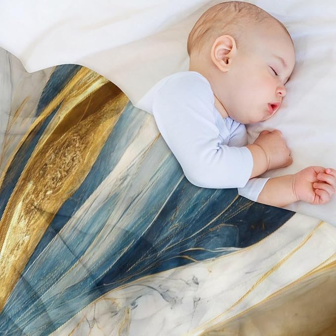 Abstract Marble Blanket, Modern Luxury Baroque Golden Blue White Stone Veins - Image 7