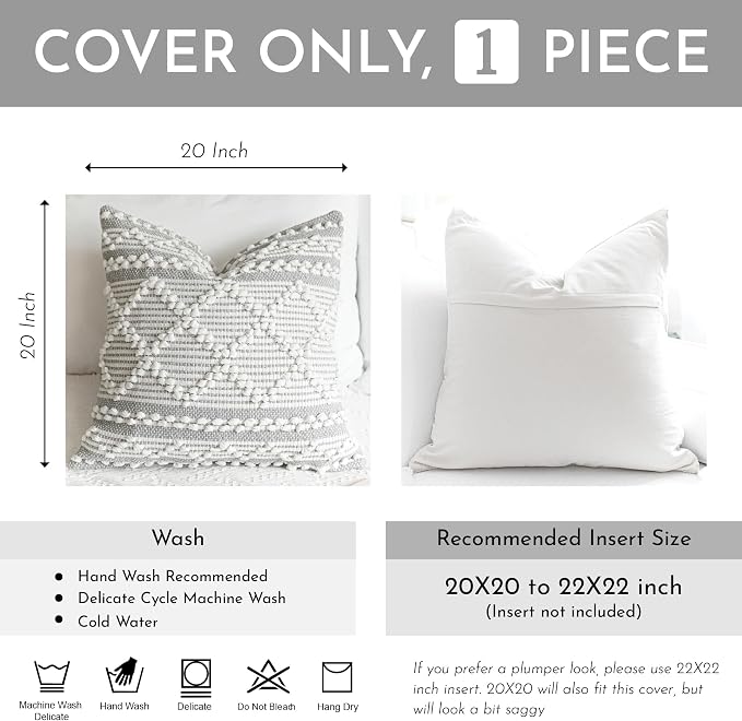 BlissBlush Gray White Decorative Throw Pillow Cover 20X20, Boho Accent Pillow - Image 3