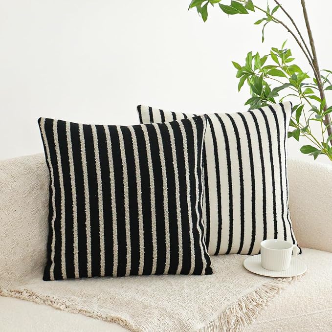 Jonhier White Striped Boho Throw Pillow Cover, Modern Boucle Textured Square - Image 6