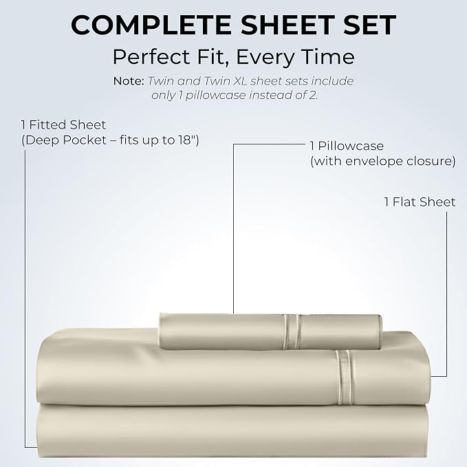 100% Natural Cotton Bed Sheets | 500 TC Single-Ply Sateen Weave Twin Sheets Set - Image 3