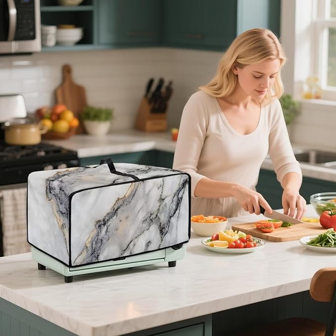White Marble Texture Print Microwave Oven Dust Cover Sturdy Polyester-Linen - Image 4