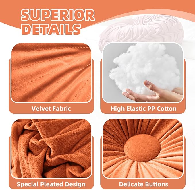 2 Pcs Round Throw Pillows Pleated Velvet Pumpkin Round Pillows Floor Cushion - Image 7