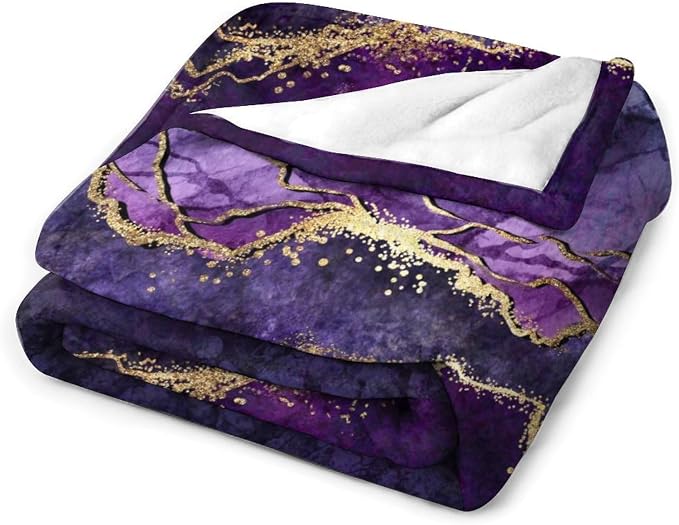 Modern Marble Blanket, Abstract Luxury Baroque Art Golden Purple Stone Veins - Image 4