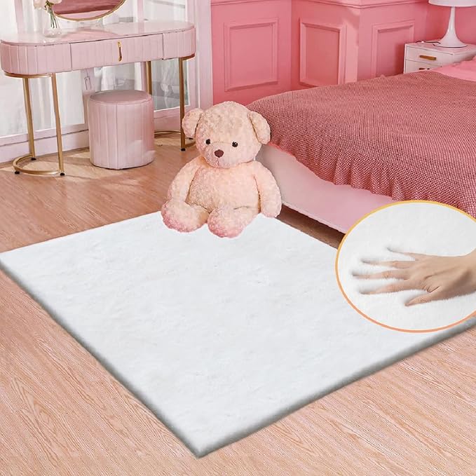 White Shaggy Bunny Fur Rugs for Living Room Washable Furry Area Rugs for by ORINOVA